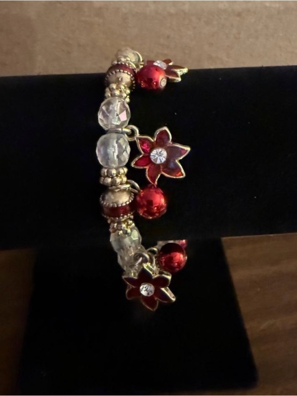 Gold-Tone Bracelet with Red Flower Charms and Crystal Beads